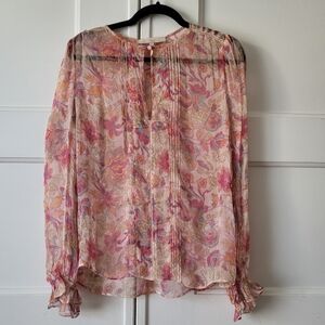 Vanessa Bruno Pink Floral Crepe Chiffon Blouse Sheer Button Placket *Repaired*